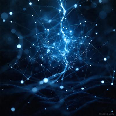 The primary subject of the image is a blue, glowing network of lines and shapes, which appears to be a digital art or illustration. The setting is a dark background, which contrasts with the bright blue lines. The visual style is modern and futuristic, with the blue lines creating a sense of depth and complexity. The colors and mood of the image are predominantly blue, creating a calm and serene atmosphere.